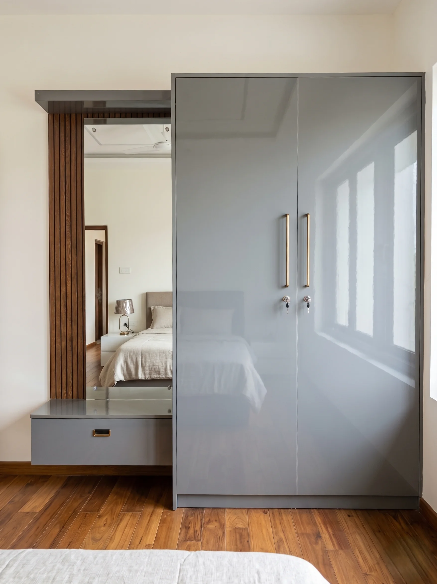 Modern bedroom design with built-in wardrobe storage