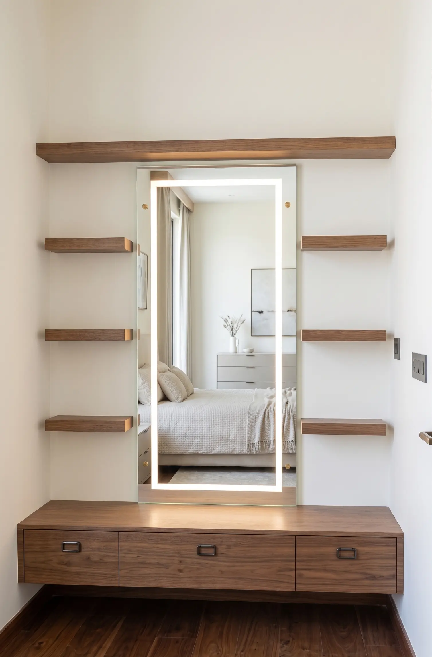 Cosy bedroom space with wooden wardrobe finishes