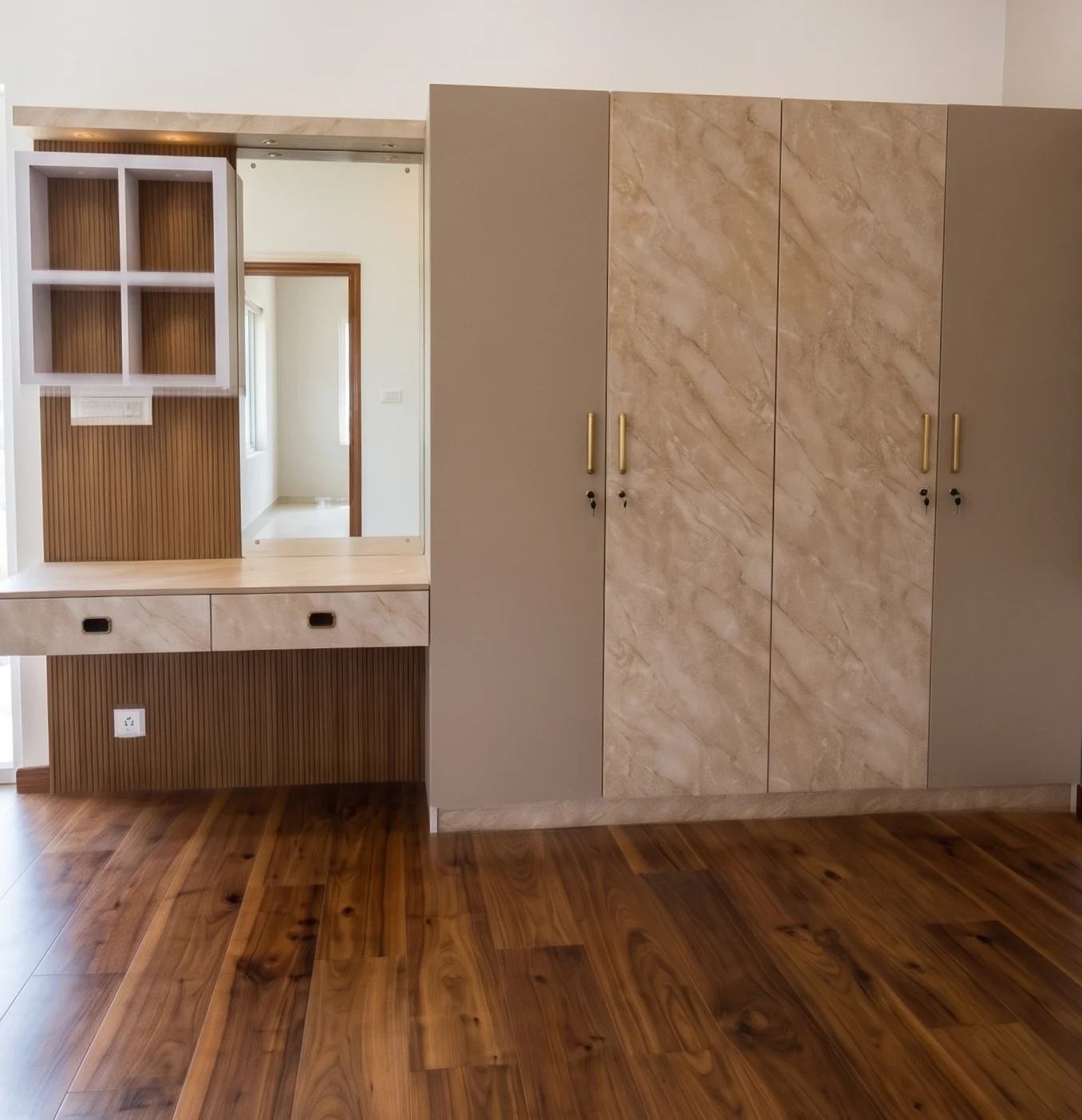 Bedroom interior with custom storage and décor elements