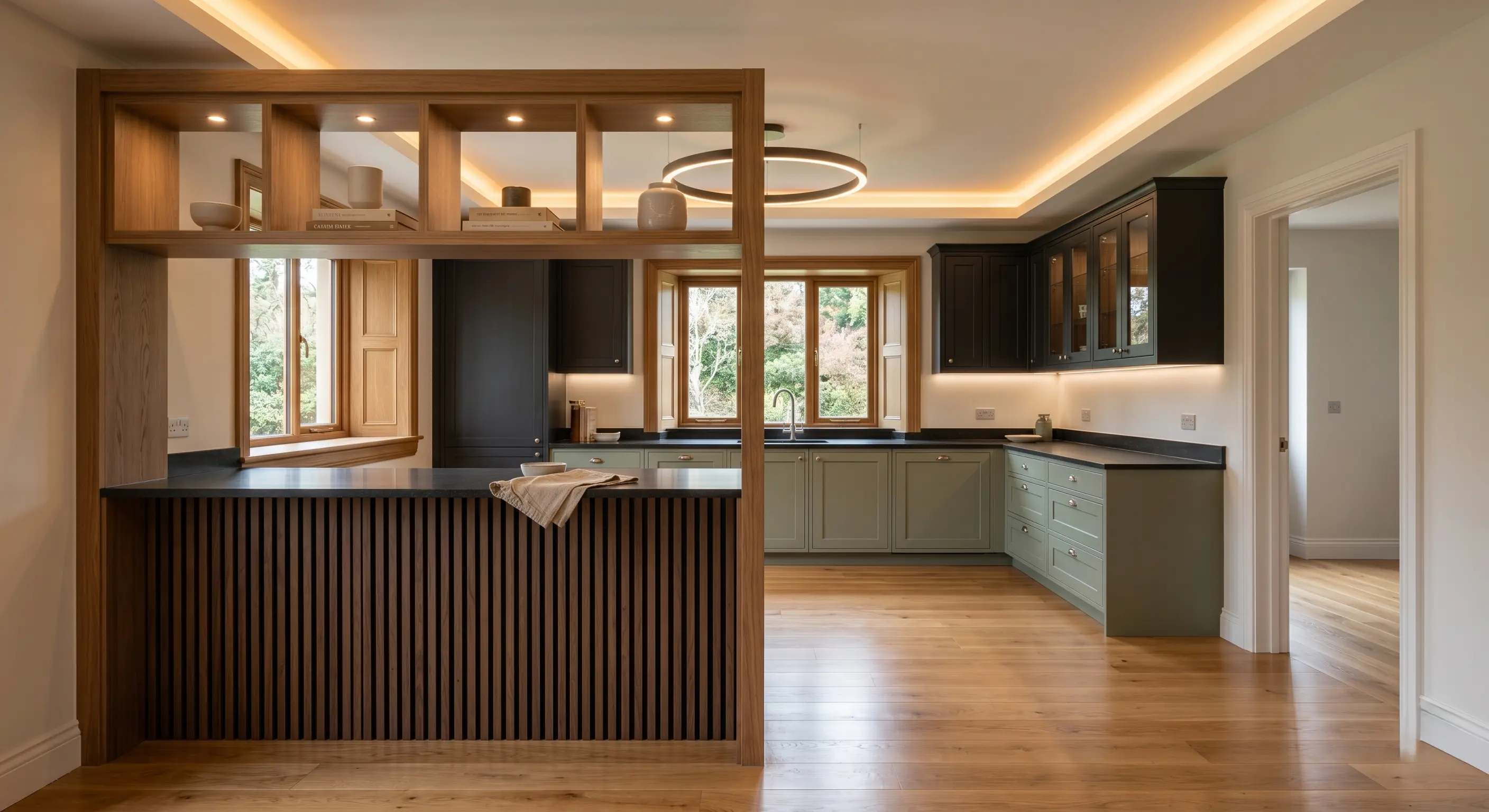 Designer kitchen interior with functional storage solutions