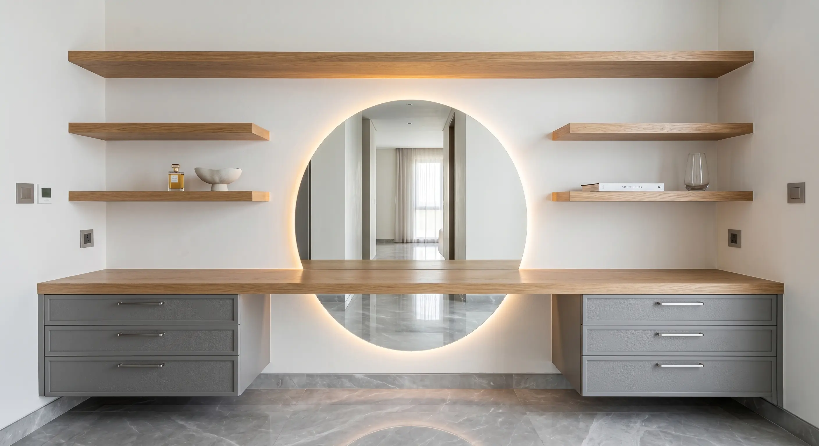 Contemporary workspace with partition and meeting area